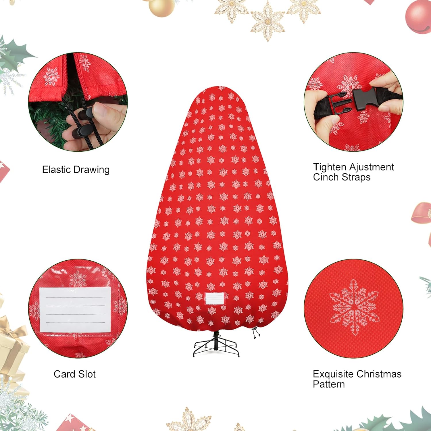 Skiennix Christmas Tree Cover - Durable Storage Bag with Zipper & Drawstring for 6-Foot Trees | Dustproof Red Snow Print