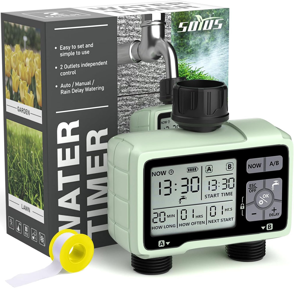 SOYUS Programmable Outdoor Garden Hose Timer - Waterproof Digital Irrigation System with 2 Outlets