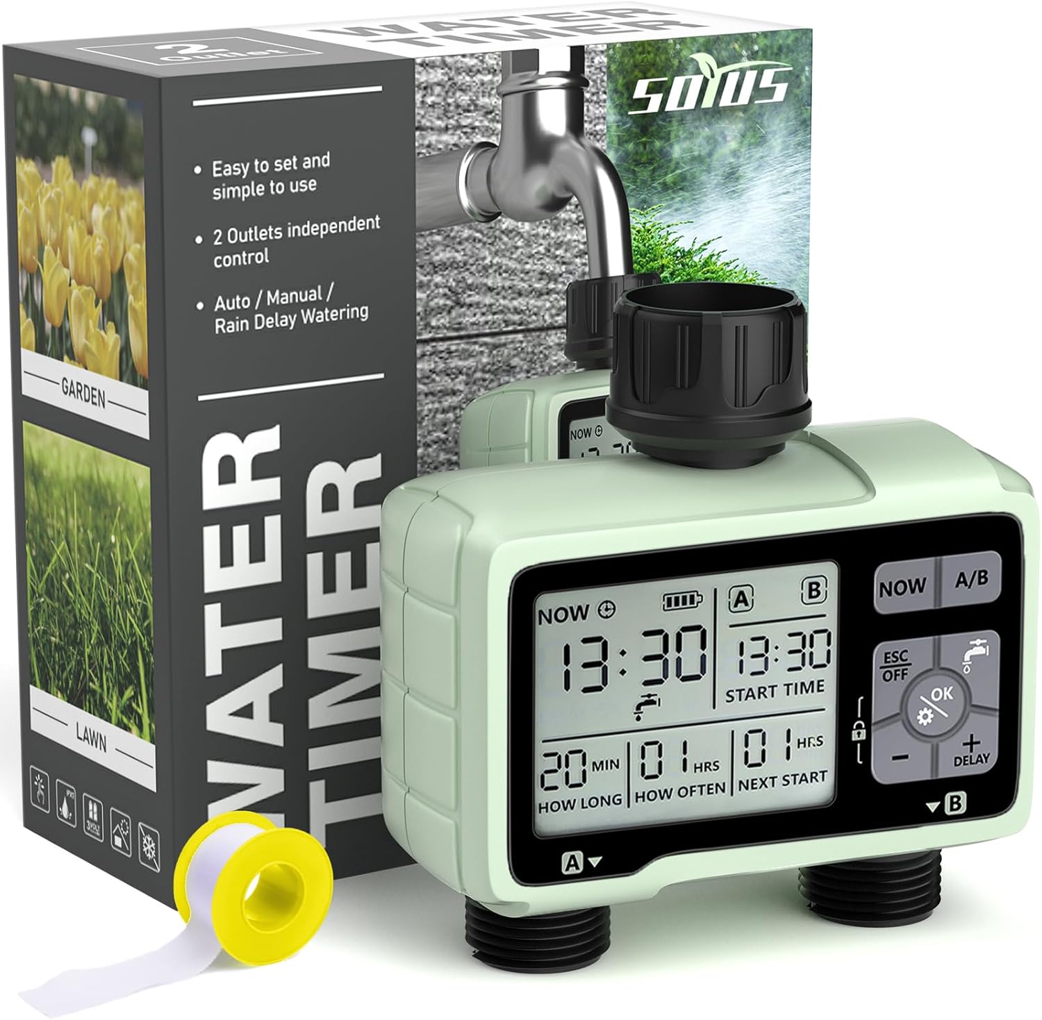 SOYUS Programmable Outdoor Garden Hose Timer - Waterproof Digital Irrigation System with 2 Outlets