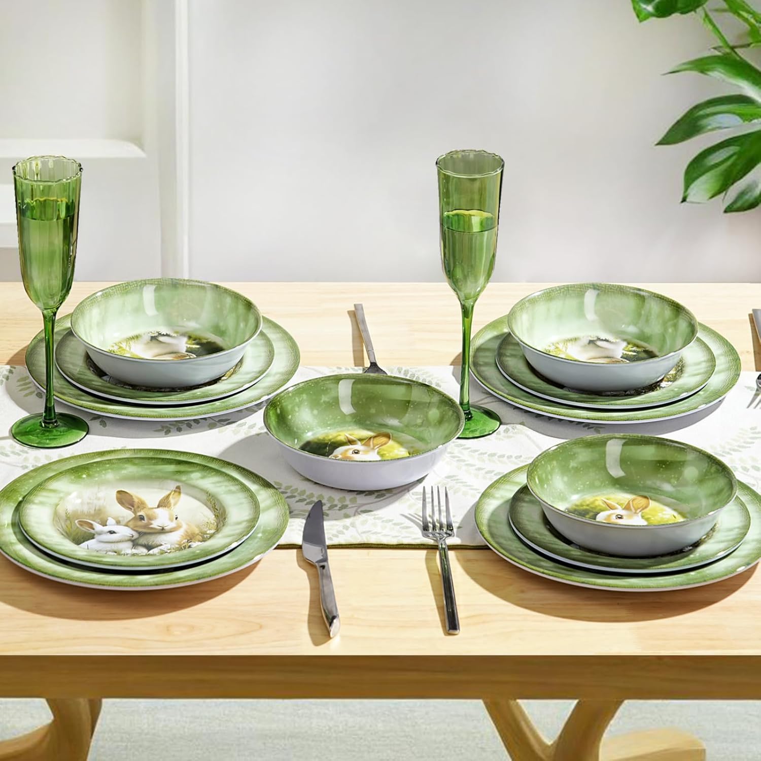 Skiennix 12-Piece Melamine Dinnerware Set - Lightweight Shatterproof Plates & Bowls for 4 | Green Bunny Design, Ideal for Picnics & Outdoor Parties