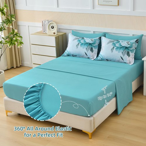 Dobuyly Floral Comforter Set Queen Size 7 Piece Bed in a Bag, Aqua Flowers Printed on Light Blue Comforter Set with Sheets, Soft Polyester Botanical Complete Bedding Set for All Season