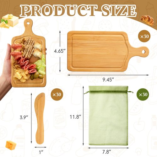 Nuenen 30 Pcs Mini Wooden Charcuterie Board Bulk, Small Wood Cutting Board for Crafts Laser Engraving with Knives Organza Bags Wedding Baby Shower Favors Gift (Square,Bamboo Color)