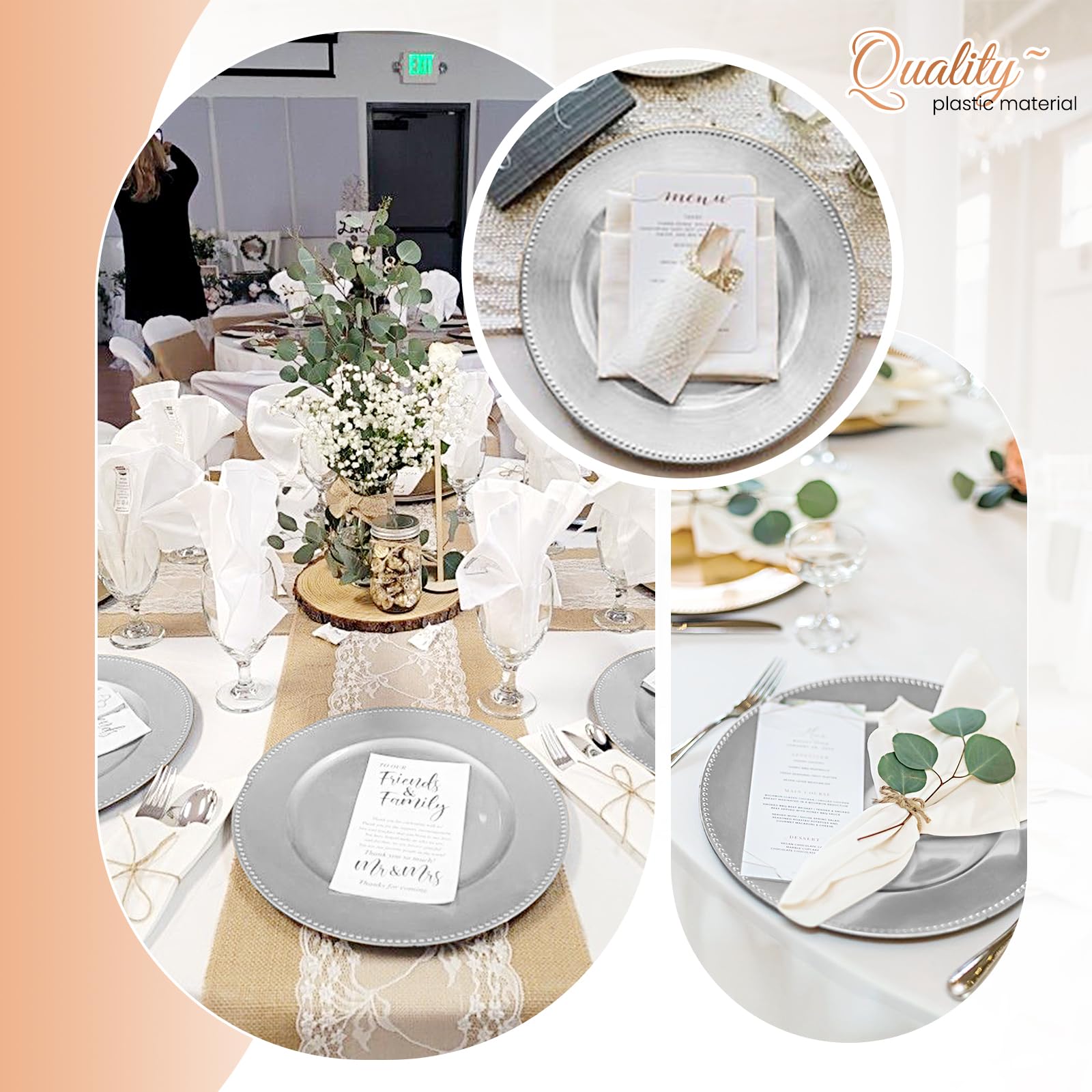 24 Pcs Silver Charger Plates Bulk,13" Round Beaded Plate Chargers for Dinner Plates, Decorative Dinner Charger Plastic Table Chargers for Wedding Holiday Party Baby Shower Event Decoration (Silver)