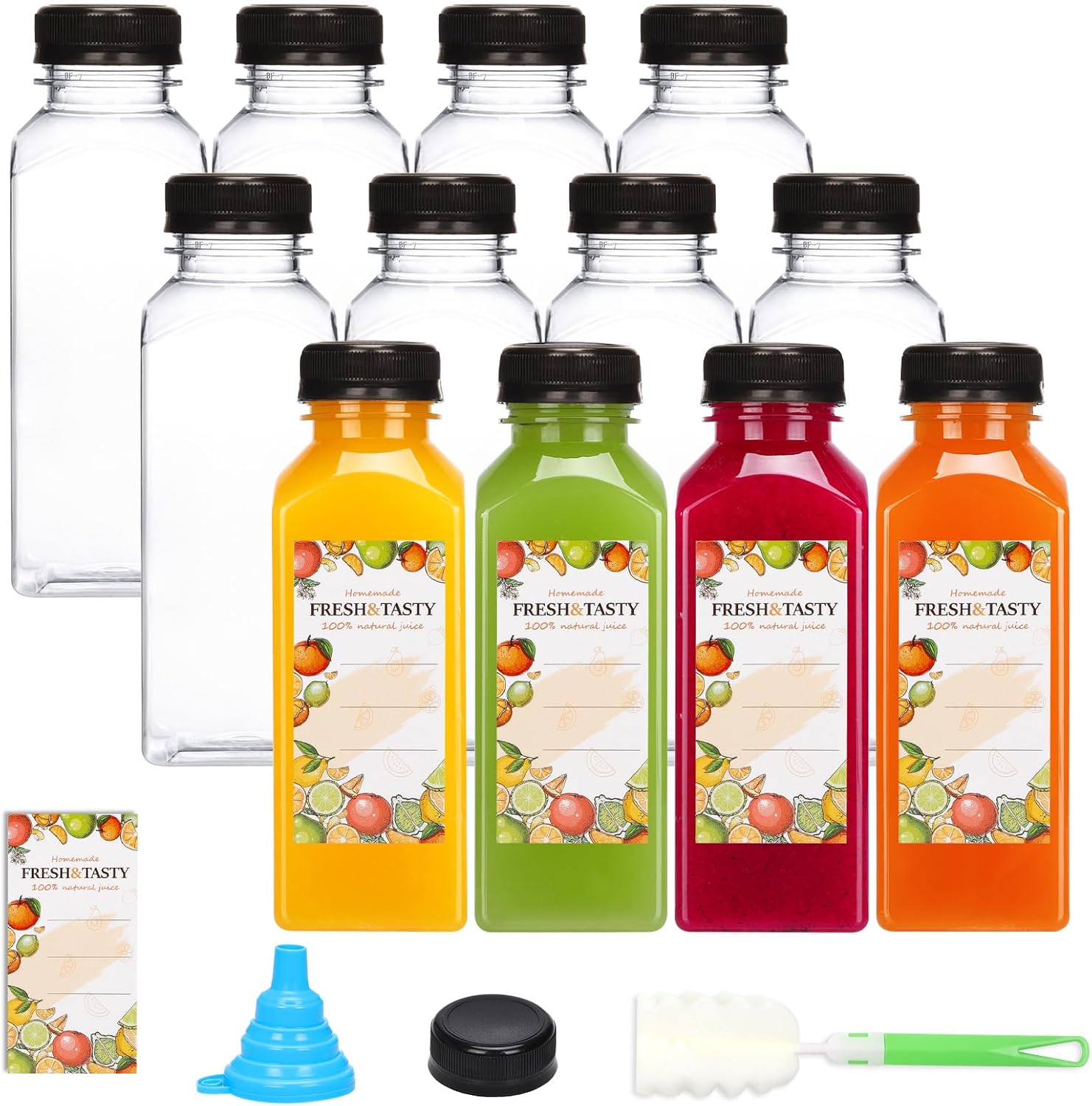 TOMNK 12oz Reusable Juice Bottles - 12pcs Plastic Containers with Caps, Labels & Accessories