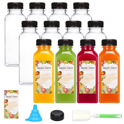 TOMNK 12pcs Juice Bottles, 12oz Reusable Plastic Juice Containers Bottles with Caps and Labels, Funnel, Brush Beverage Containers for Juicing, Smoothies, Tea, Milk