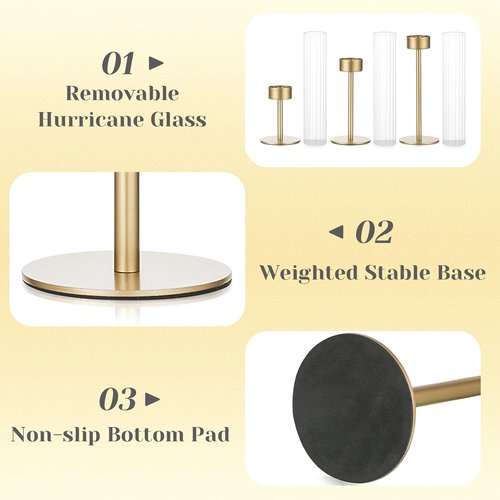Hewory Gold Hurricane Candle Holders - Set of 3 Tall Brass Taper Holders for Elegant Table Decor