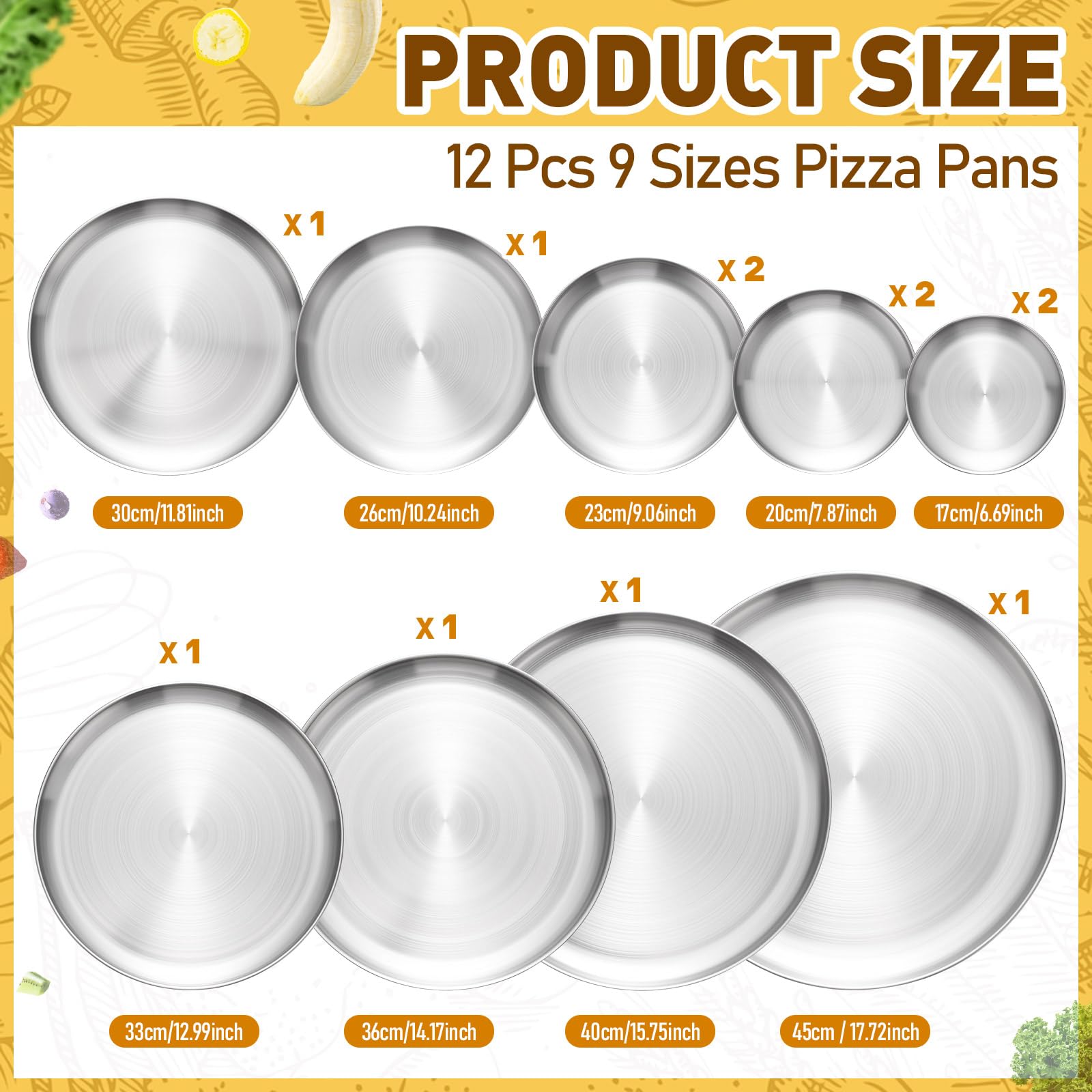 Sawysine 12 Pcs Stainless Steel Pizza Pans 9 Sizes (6.7 Inch-17.7 Inch) Pizza Pans for Oven Large Thick Round Steel Trays for Baking Cookie Pie Cake, Non-toxic, Durable, Dishwasher Safe