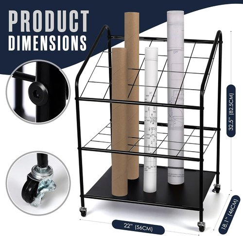 Houseables Blueprint Holder - 20 Slot Architect Storage Rack on Wheels | Durable Print Organizer