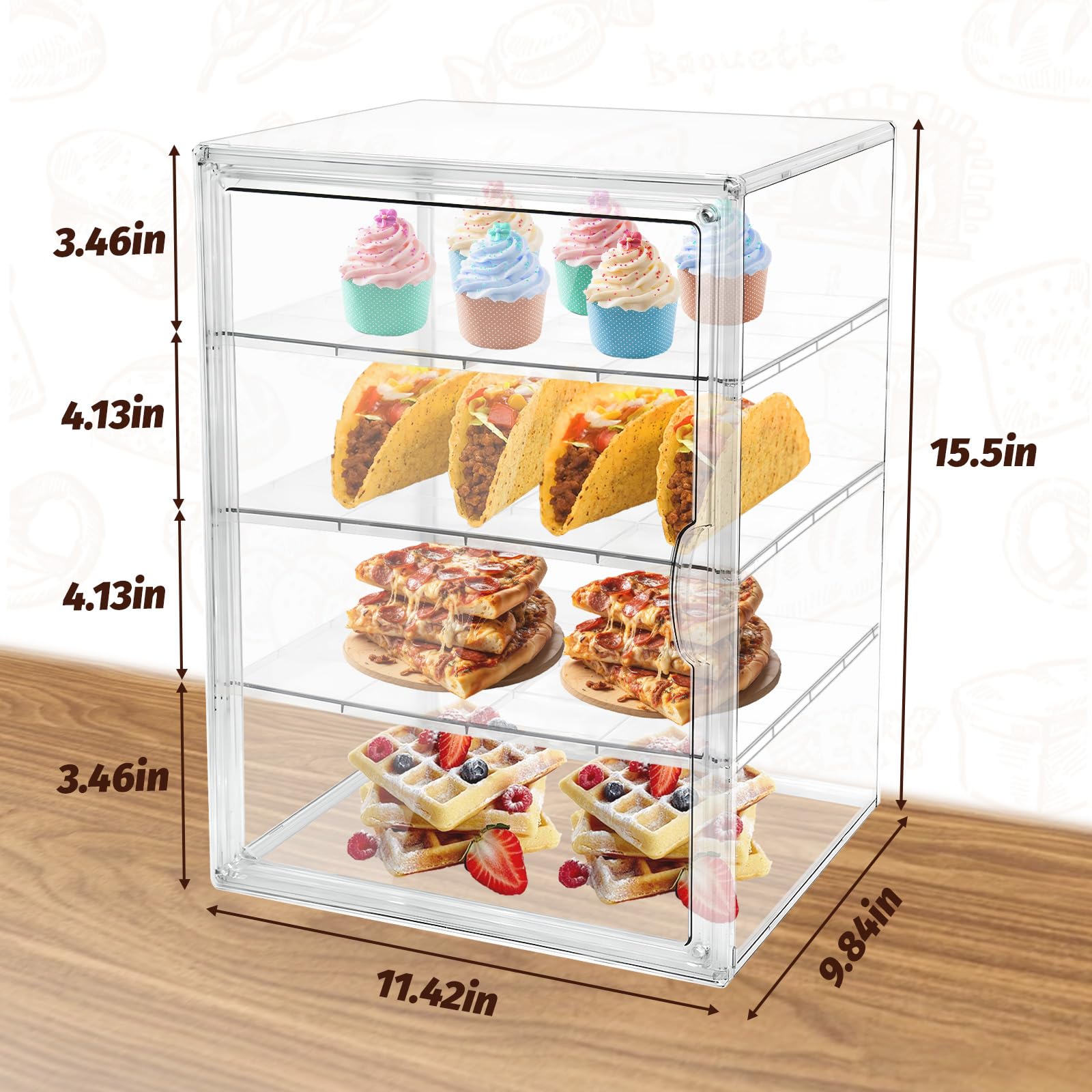 2PCS Pastry Display Case,Large Bakery Cookie Display Stand for Kitchen Countertop,4 Layers Adjustable Clear Bread Storage with Magnetic Door Bread Box and Cupcake Kitchen Counter 15.5x11.4x9.8 Inch