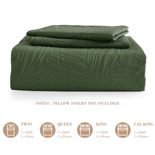 Exclusivo Mezcla King Size Quilt Bedding Set, Lightweight Olive Green Quilts King Size for All Seasons, Soft Microfiber Bedspreads Coverlets Bed Cover with Leaf Pattern, 3 Piece