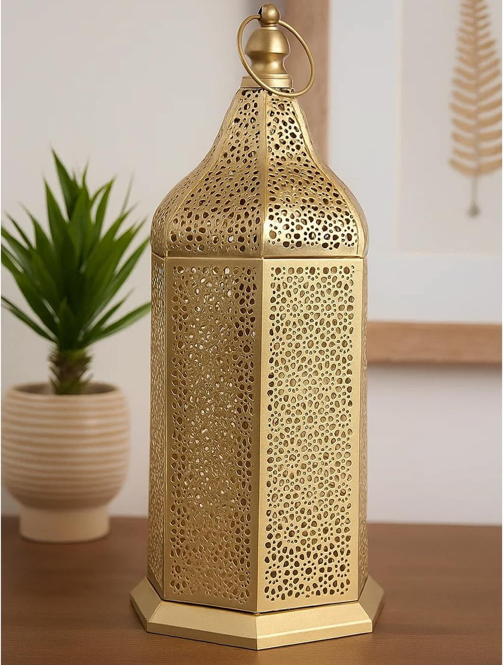 VELA Lanterns 16" Champagne Gold Moroccan Candle Lantern - Elegant Metal Hexagon for Table or Hanging Decor