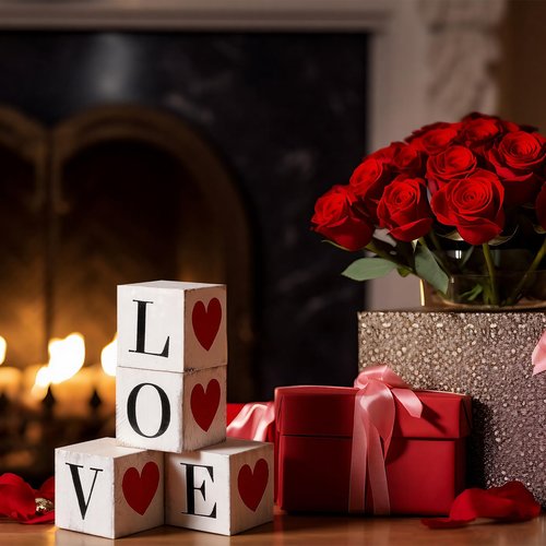 Yousoontic 4 Pcs Valentine's Day Wooden Decorations Double-Sided Love Heart Wood Block Sign Rustic Farmhouse Valentines Tiered Tray Decor Table Centerpiece for Wedding Anniversary Party Office Shelf