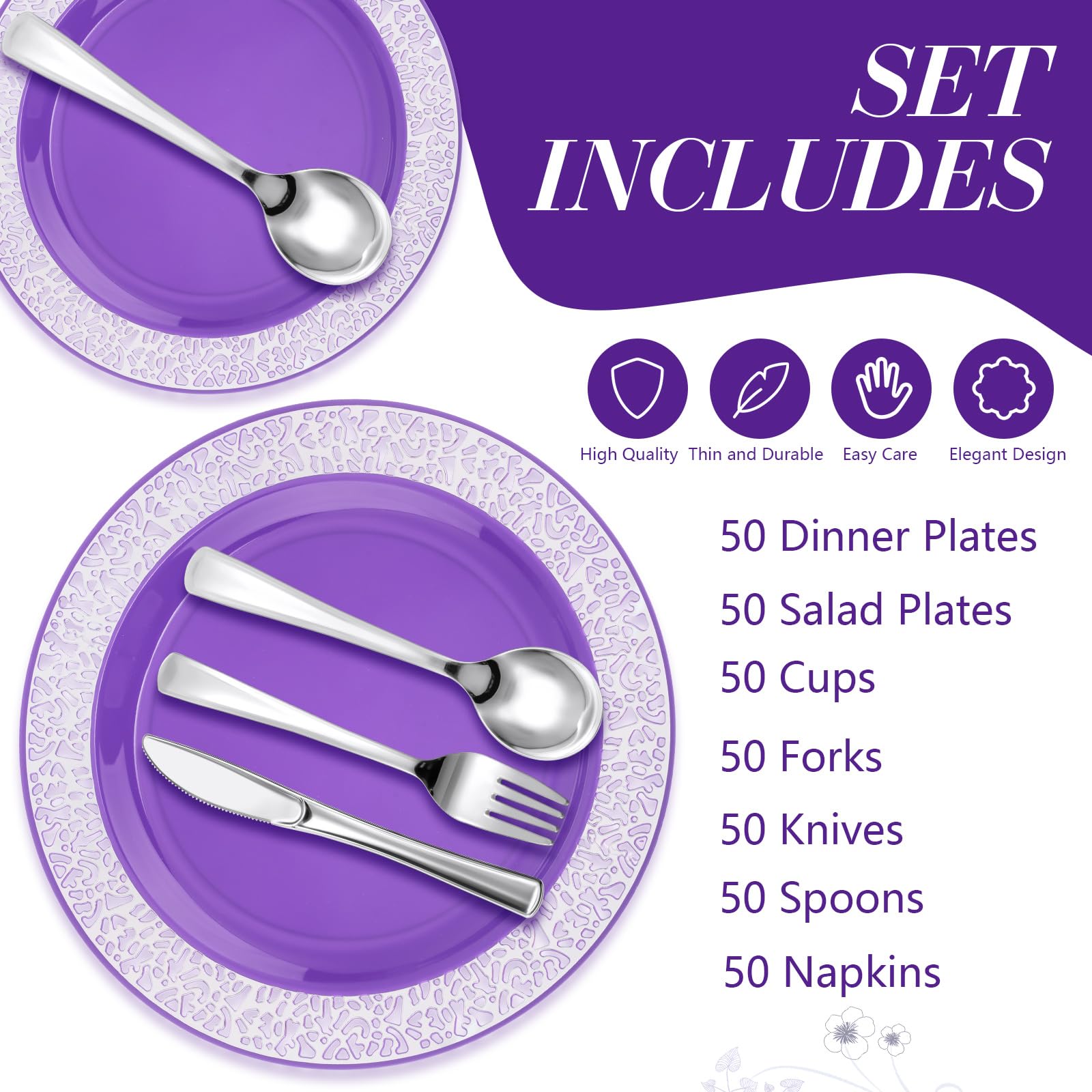 Norme 350 Pcs Purple Silver Plastic Dinnerware Set for 50 Guests Includes 50 Dinner Plates 10.2", 50 Plates 7.5", 150 Silverware Set, 50 Plastic Cups and 50 Napkin Disposable Plate for Wedding