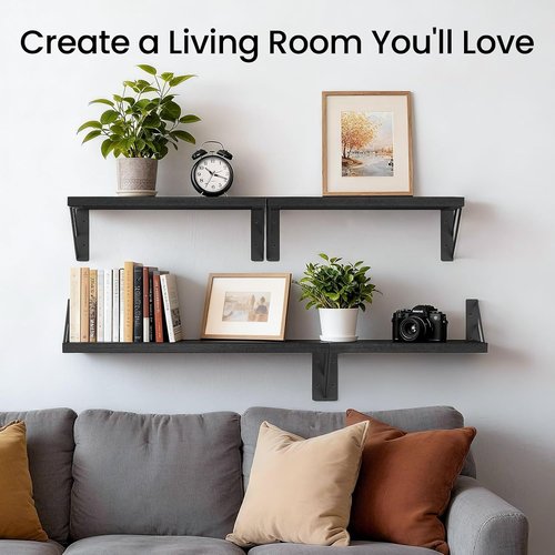 BAYKA Wall Mounted Floating Shelves - Space-Saving Wood Display for Books & Decor | Black, Set of 4