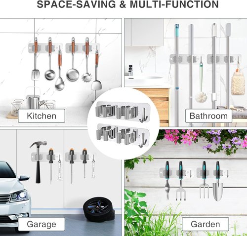 Homeasy Wall Mount Mop and Broom Holder - Heavy Duty Stainless Steel Organizer Rack | 2-Pack, No Drill Installation, Silver