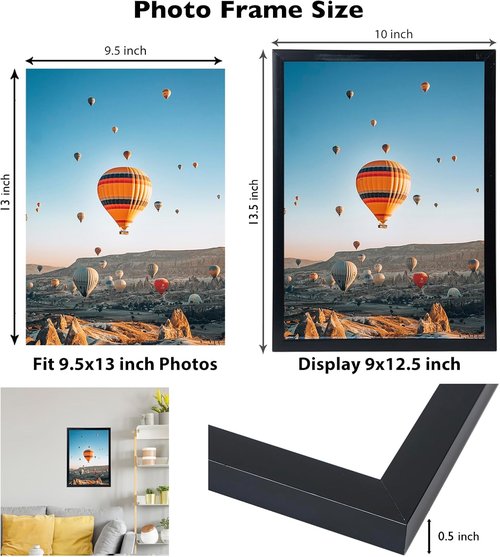 JCJMY Picture Frame 9.5x13 - Black Wall Mount for Horizontal or Vertical Display | Shatter-Resistant Plexiglass