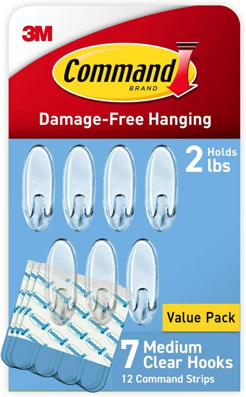 Command Medium Clear Wall Hook - Damage-Free Adhesive Hanging Solution | Holds Up to 2 lb, 7 Hooks & 12 Strips