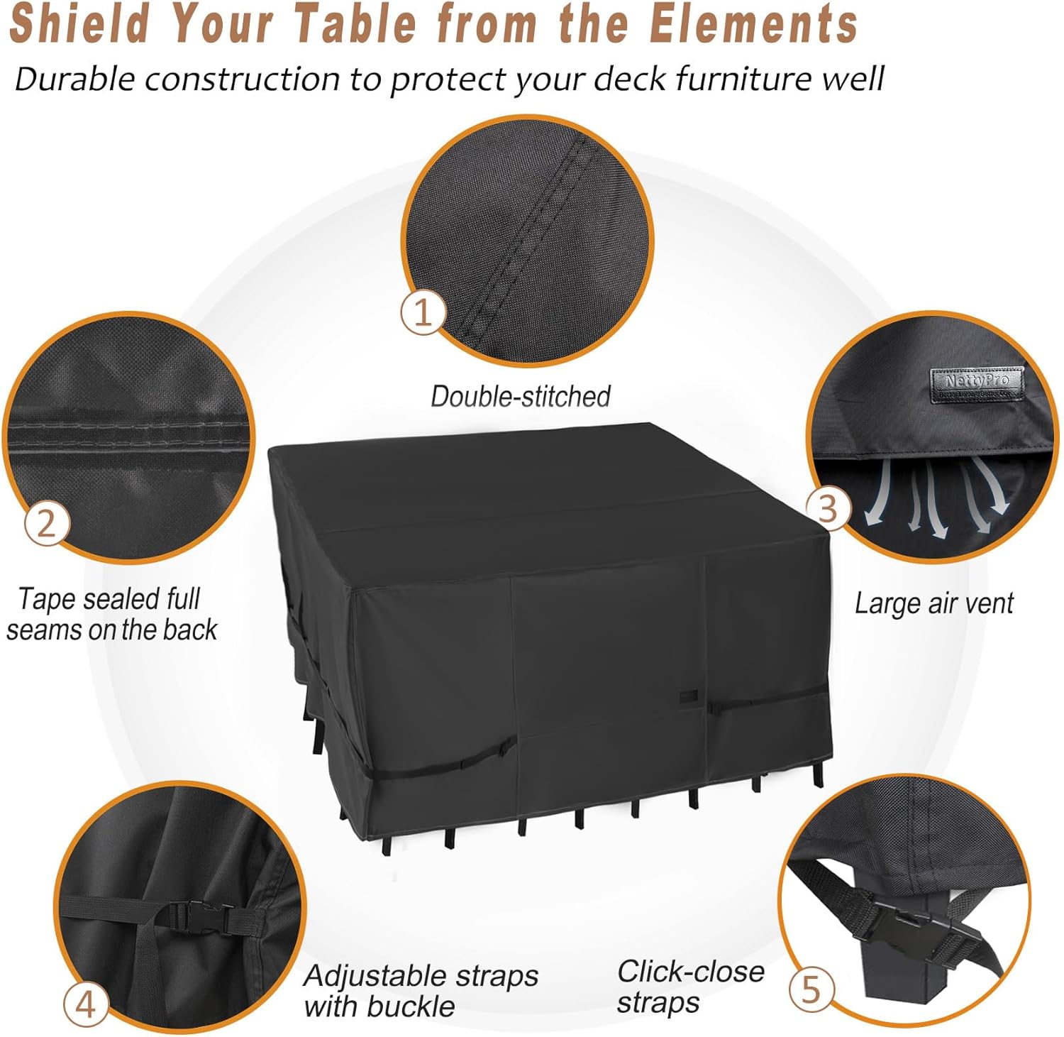 NettyPro Patio Table Cover - Waterproof 54 x 54 Inch Square Outdoor Furniture Protector | Black