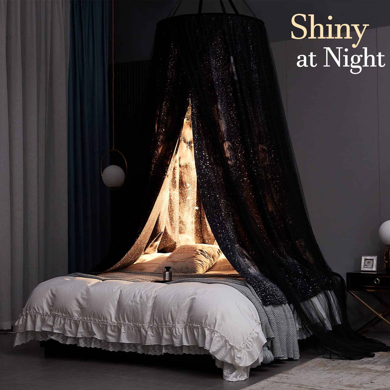 Kertnic Gorgeous Moon Printed Bed Canopy for Girls & Adults, Room Decorative Cozy Bed Curtain Canopy Drapes, Round Dome Luxurious Lace Princess Canopies Mosquito Netting (Print Moon)
