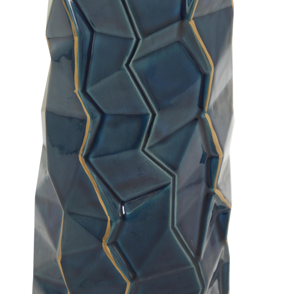 Deco 79 Ceramic Decorative Vase Faceted Centerpiece Vase with Gold Accents, Flower Vase for Home Decoration 6" x 6" x 21", Teal