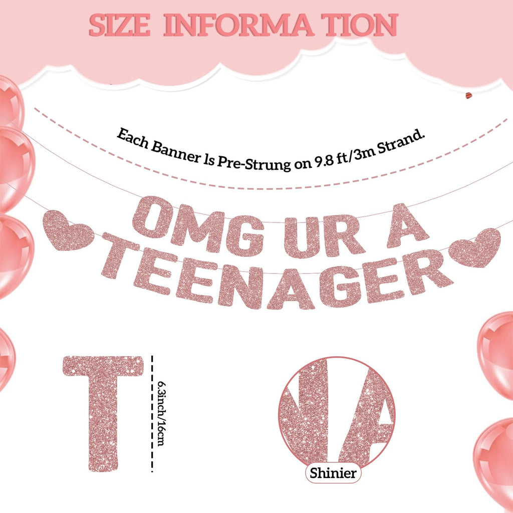 OMG UR A TEENAGER Banner – 13th Birthday Decorations for Girls, Rose Gold Glitter Happy 13th Bday Party Decor, Pre-Strung Teen Girl Birthday Decorations for 13 Year Old Girl