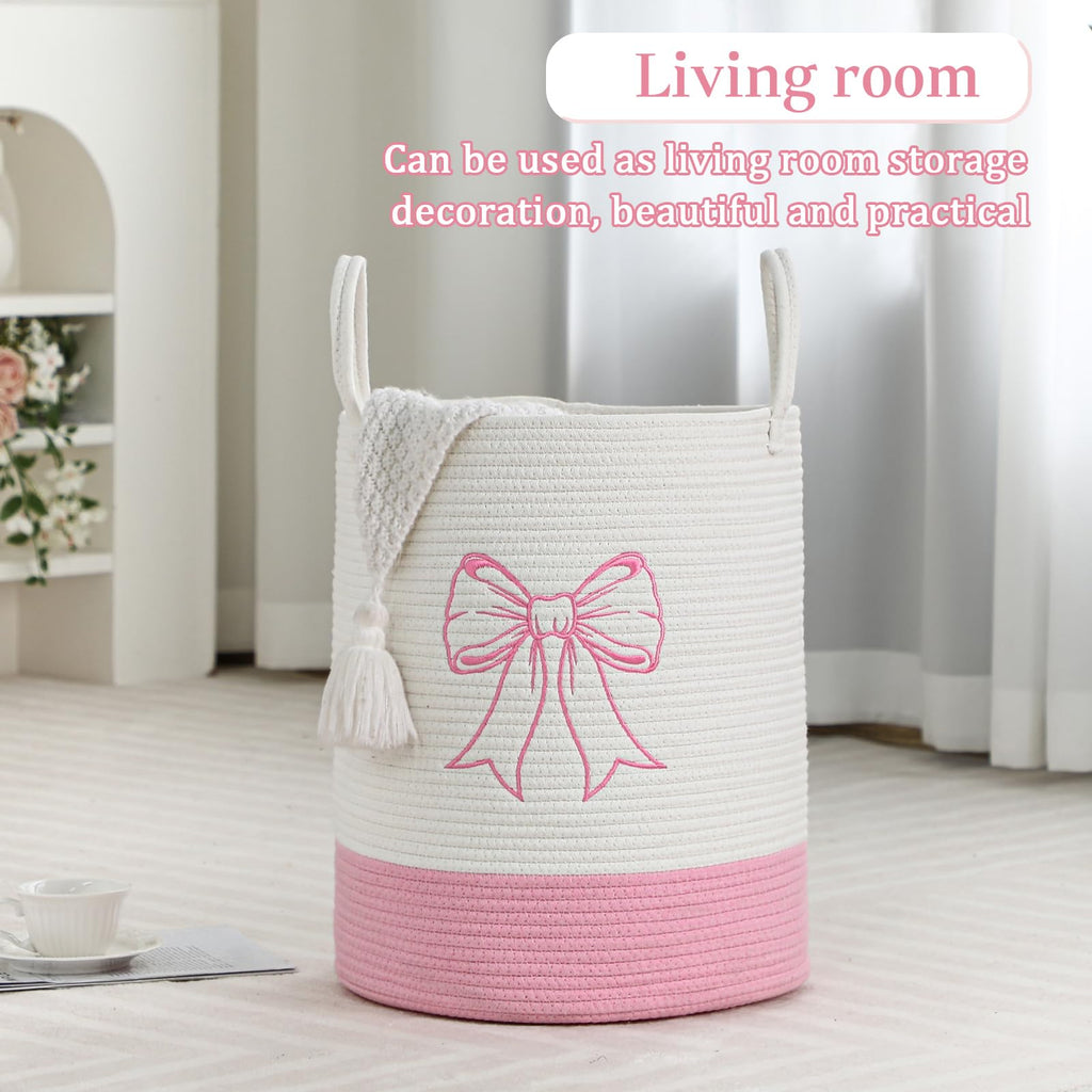 Honeydak 15'' x 18'' Pink Bow Cotton Rope Laundry Basket Hamper Large Laundry Basket Hamper Coquette Bow Room Decor Girls Girly Nursery Storage Bin Tall Round Organizer Blanket Toys Clothes(Bowknot)
