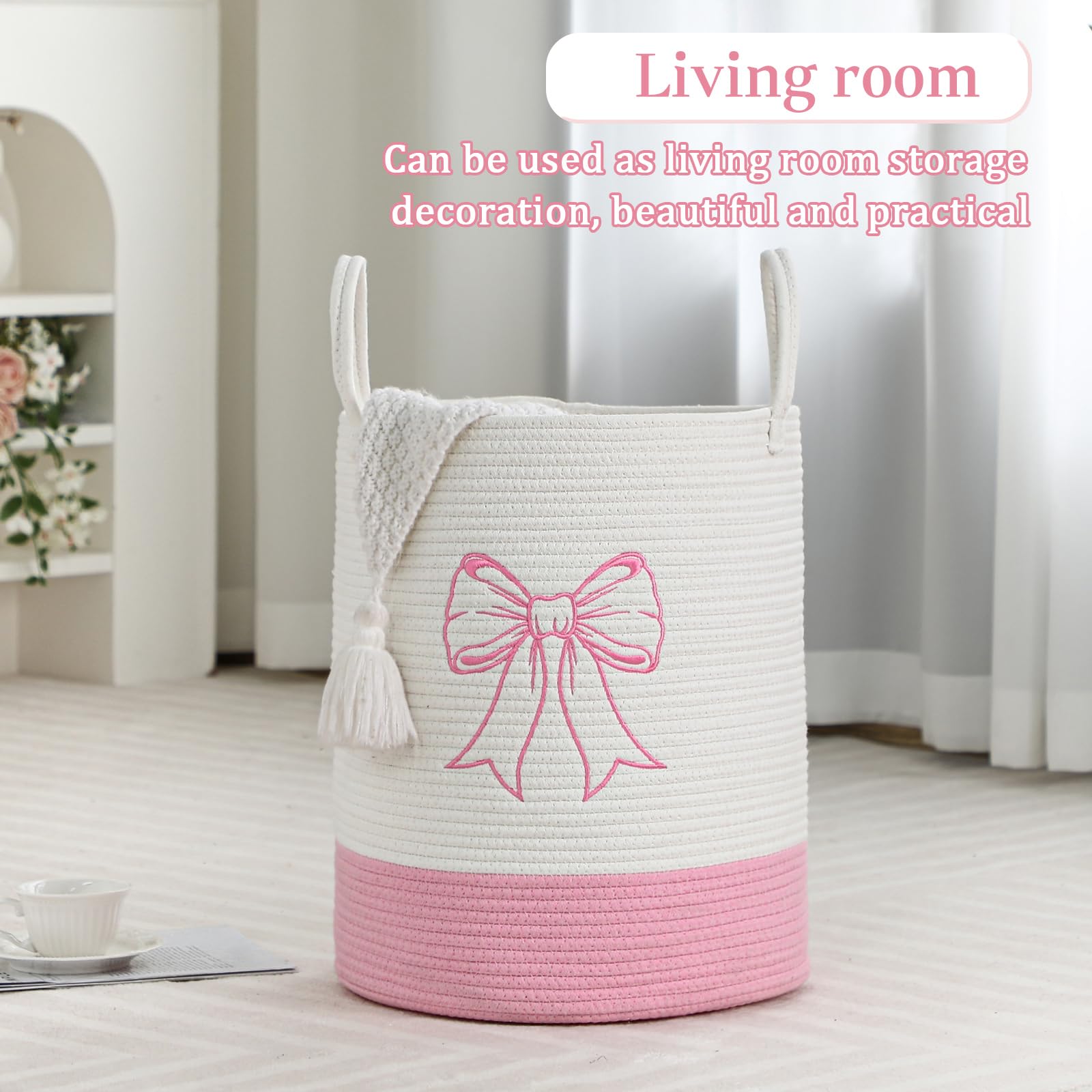 Honeydak 15'' x 18'' Pink Bow Cotton Rope Laundry Basket Hamper Large Laundry Basket Hamper Coquette Bow Room Decor Girls Girly Nursery Storage Bin Tall Round Organizer Blanket Toys Clothes(Bowknot)