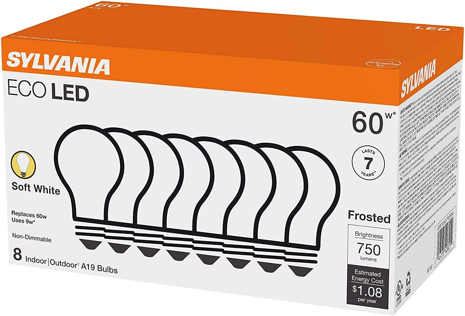 Sylvania ECO LED Light Bulb - 60W Equivalent, 9W Energy Efficient, Soft White 2700K - 8 Pack