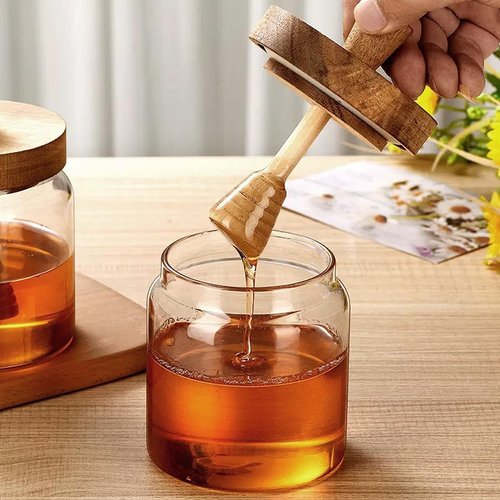 hiwafifi Glass Honey Jar with Dipper and Lid, 14 OZ Airtight Honeypot with Acacia Wood Lid, Coffee Syrup Dispenser, Round Honey Storage Container, Kitchen Dining Gifts for Her Bar Accessories