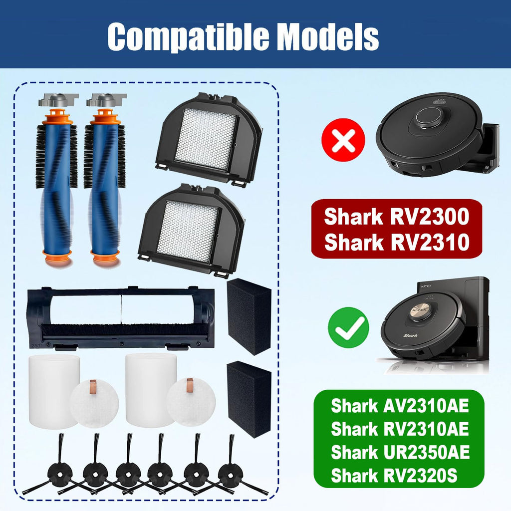 Replacement Parts Accessories for Shark Matrix AV2310AE/RV2310AE/UR2360S Ultra /UR2350AE,2 Main Brushes, 2 Dustbin Filters, 6 Side Brushes,2 sets Foam filters 1 Main Brush Cover