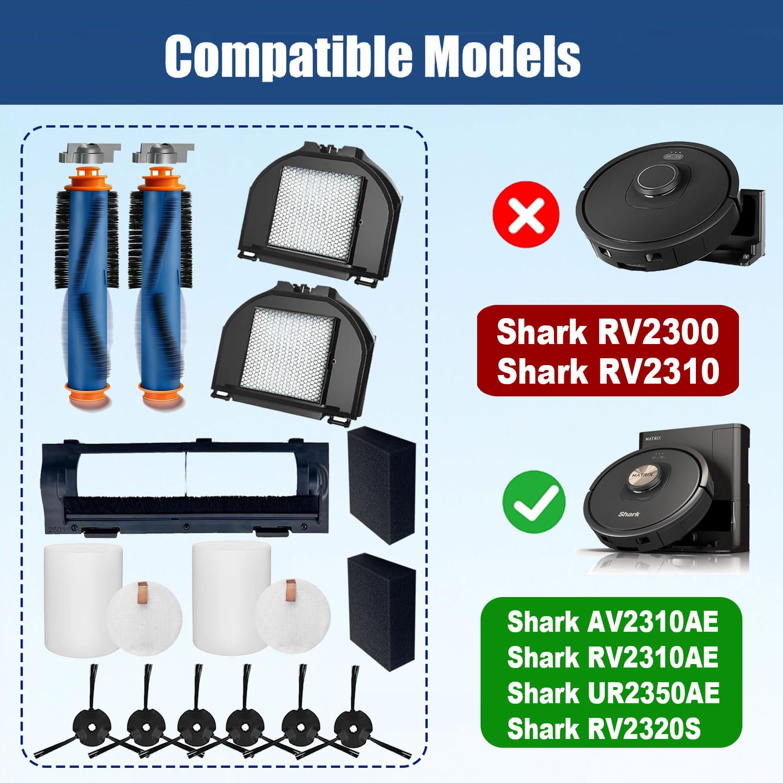 Replacement Parts Accessories for Shark Matrix AV2310AE/RV2310AE/UR2360S Ultra /UR2350AE,2 Main Brushes, 2 Dustbin Filters, 6 Side Brushes,2 sets Foam filters 1 Main Brush Cover