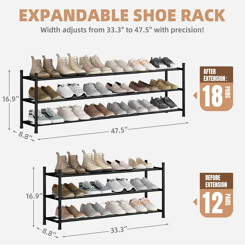 Storage Maniac Expandable Shoe Rack - Adjustable 3-Tier Metal Organizer for 18 Pairs | Freestanding Design for Closet & Entryway