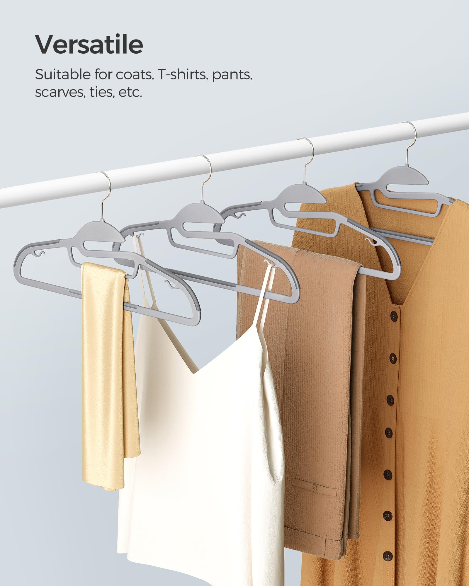 SONGMICS 50 Pack Coat Hangers, Heavy-Duty Plastic Suit Hangers, S-Shaped Opening, Space-Saving, 360º Swivel Hook, 16.3 Inches Wide, Light Gray and Dark Gray UCRP41G-50