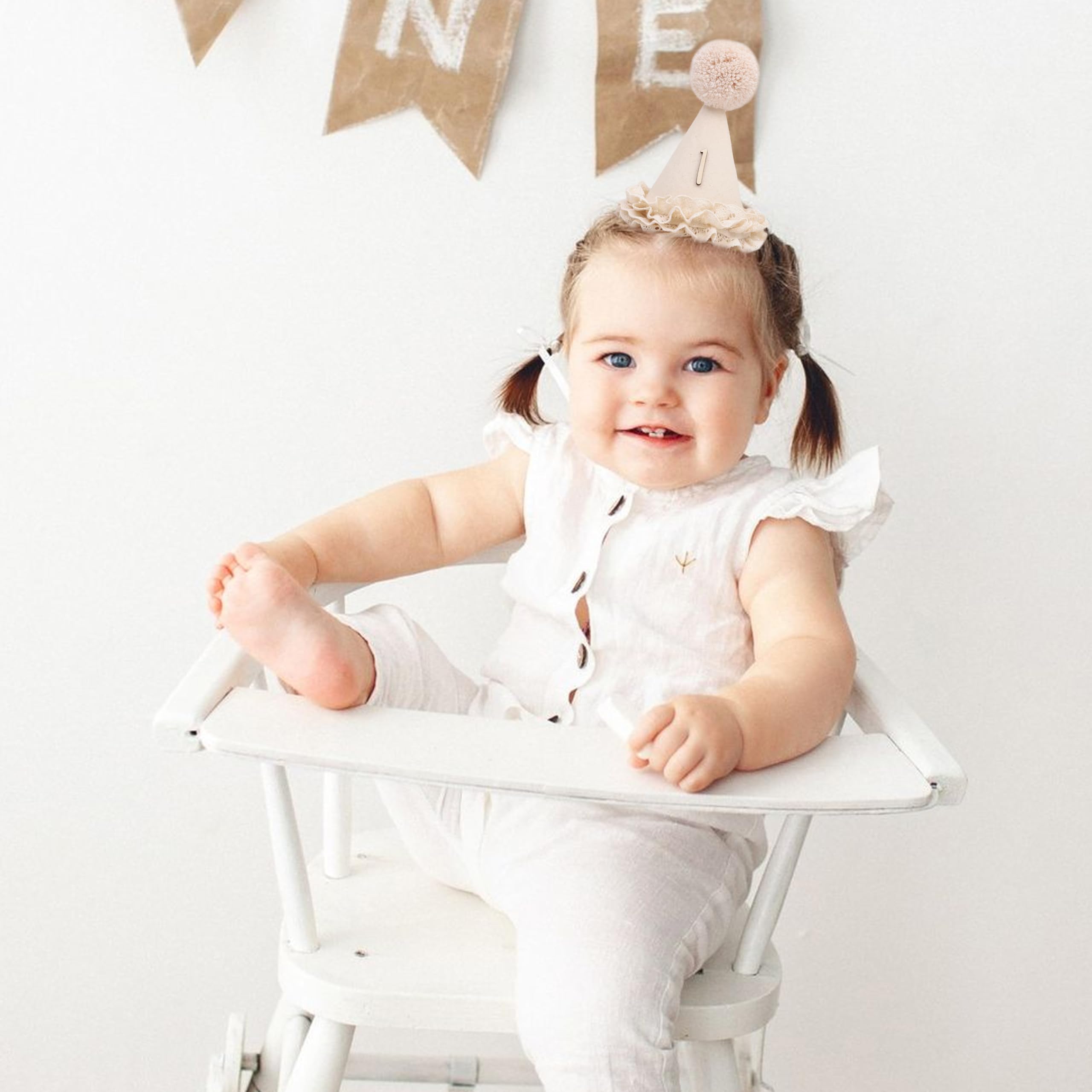 WAHAWU Lace 1st Birthday Hat - Sweet One Birthday Decorations,Lace Flower Princess Party Crown,Beige Cone Hat for Cake Smash,First Floral Party Headwear Photo Prop