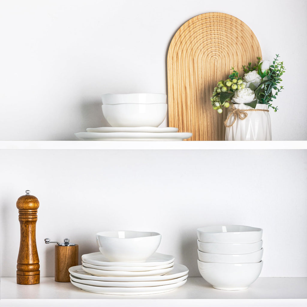GBHOME Ceramic Dinnerware Sets for 4, 12 Pieces Porcelain Lightweight Plates and Bowls Sets, Scratch Resistant Dish Set, Oven & Microwave & Dishwasher Safe, Angel White