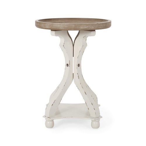 Christopher Knight Home Estelle French Country Accent Table with Round Top, Natural + Distressed White