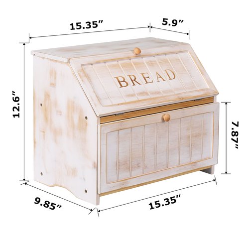 HOMEKOKO Vintage Double Layer Large Bread Box for Kitchen Counter, Retro Design Wooden Large Capacity Bread Storage Bin (White)
