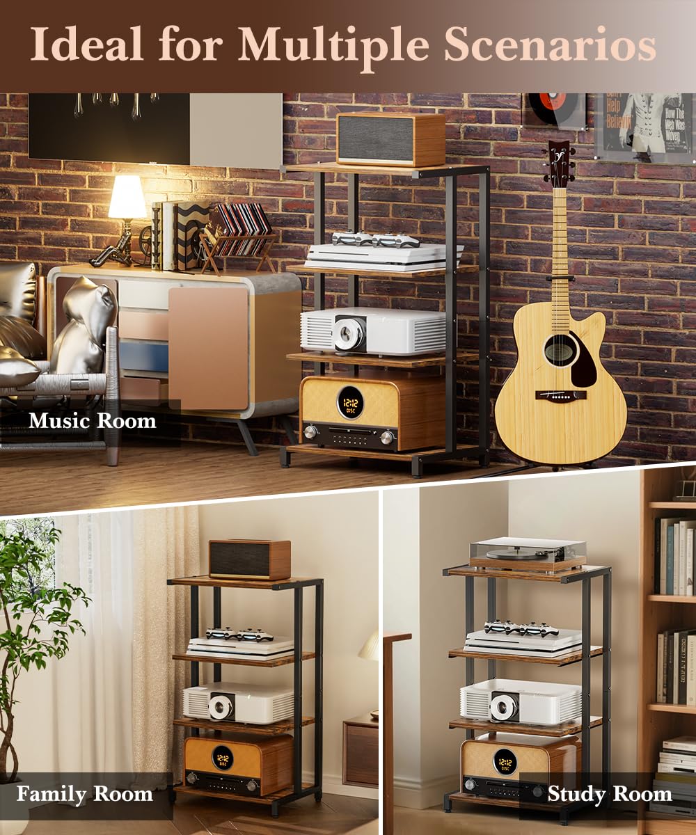 Ardier 4-Tier Media Storage Stand, Audio Media Rack for Living Room, Gaming Room, Music Studio, Wooden Game Console Shelf for TV Accessories/Audiovisual Equipment/Optical Disc/PS4, Black