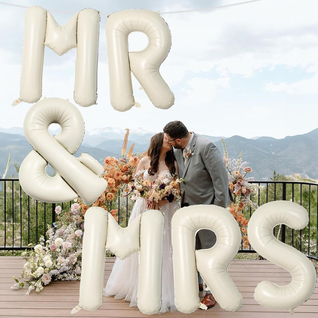 MR & MRS 40-Inch Beige Balloons - Large Cream Foil Letters for Wedding Decor | Ivory Banner for Engagement Party