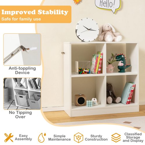 Costzon Toy Organizers and Storage, Wooden White 4-Cube Kids Bookcase for Books Toys Display Organization, Toddler Bookshelf for Bedroom, Living Room, Nursery, Playroom