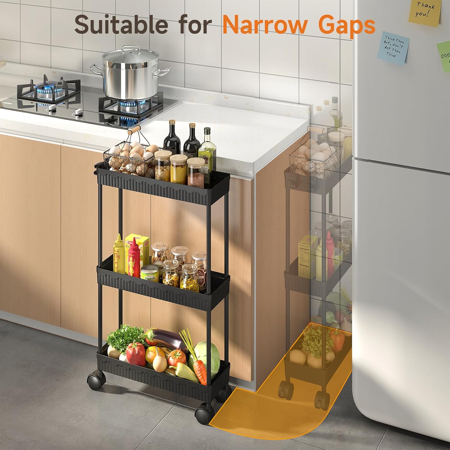 Sevenblue Slim Storage Rolling Cart - 3 Tier Utility Organizer with Wheels for Kitchen & Bathroom (Black)