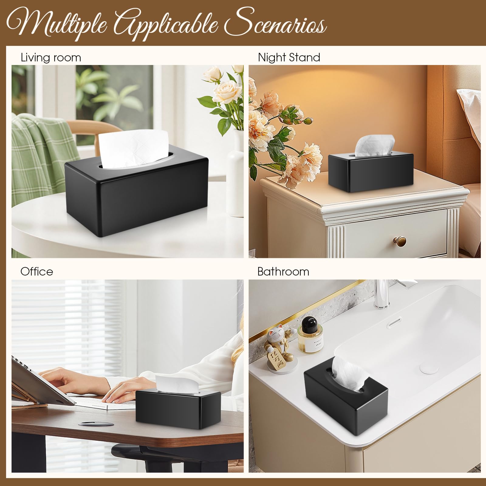 Y-in Hand Tissue Box Cover, Rectangular Facial Tissue Holder with Bottom, Decorative Storage Organizer Box for Bathroom Vanity, Countertops, Dressers, Night Stand, Parlors and Offices - Black