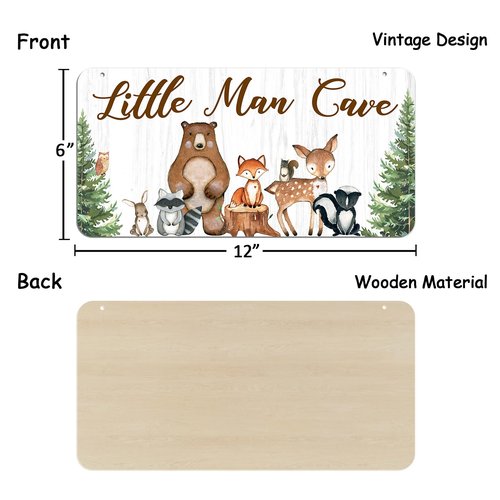 Uflashmi Wood Liitle Man Cave Sign, Woodland Animal Nursery Wall Decor for Baby Boys Room, Woodland Theme Nursey Room Decor for Toddler Boy, 12”x6”