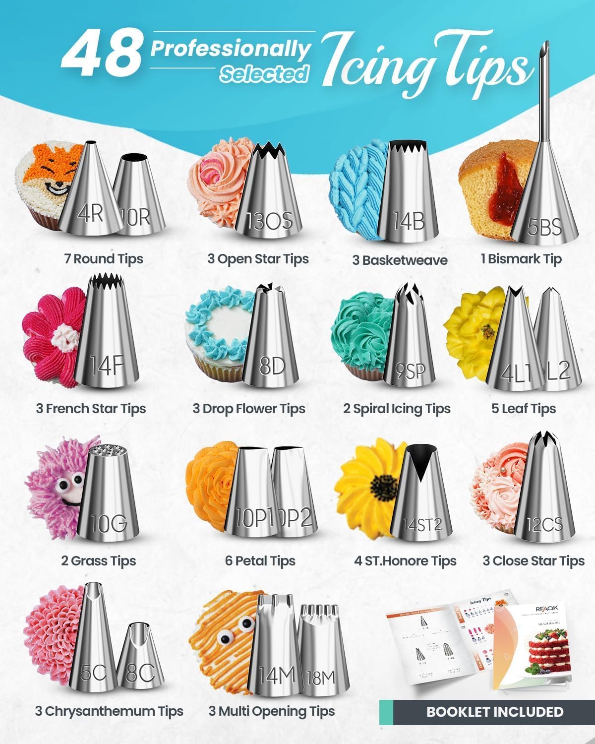 RFAQK 74-Piece Cake Decorating Kit - Icing Piping Bags & 48 Numbered Tips, Anti-Burst Design, Includes Booklet & E-Book