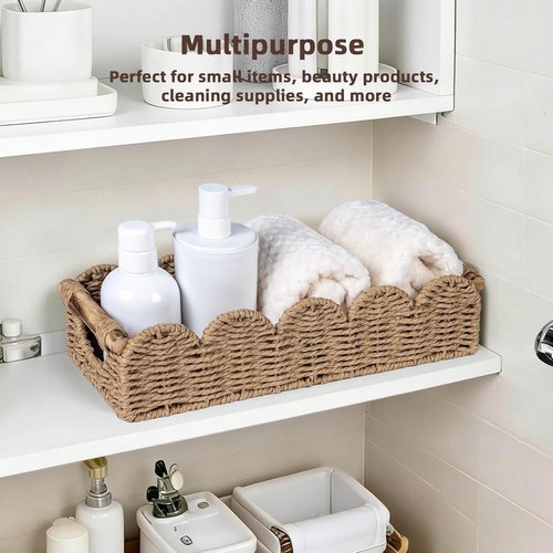 CubesLand Bathroom Basket Organizer - Scalloped Wicker Storage Tray with Cut-Out Handle | Neutral Decor