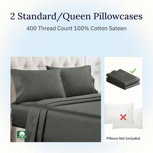California Design Den Pillowcase Set | Standard Queen Size - 400 Thread Count, 100% Cotton Sateen, Soft & Breathable - Grey