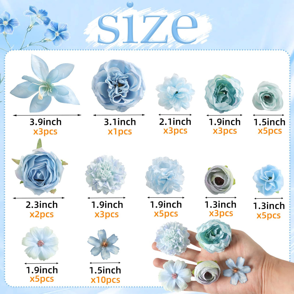 rongflower Fake Flower Heads for Crafts - Blue Silk Artificial Roses, Peonies, Daisies & Mini Floral Heads Bulk (48-Pack) for Wedding Decor, Graduation Cap, Cake Topper, Baby Shower, Home Decoration