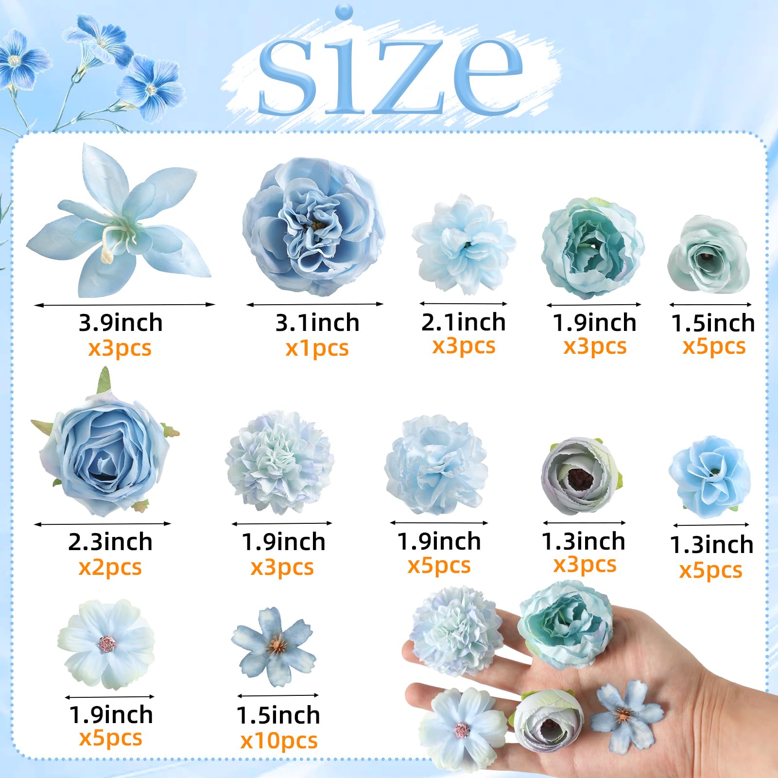 rongflower Fake Flower Heads for Crafts - Blue Silk Artificial Roses, Peonies, Daisies & Mini Floral Heads Bulk (48-Pack) for Wedding Decor, Graduation Cap, Cake Topper, Baby Shower, Home Decoration
