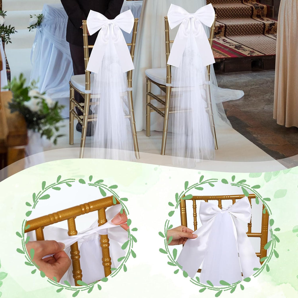 Skiennix Large White Wedding Pew Bows - 12 Pcs Satin Bows with Tulle Aisle Decor | 15.7 x 7.9 in