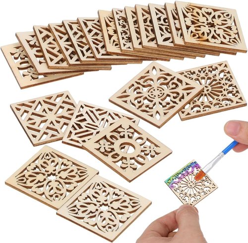Abaodam Wooden Craft Tags - 20 Unfinished Boho Flower Cutouts with Hemp Rope | 40MM for DIY Projects